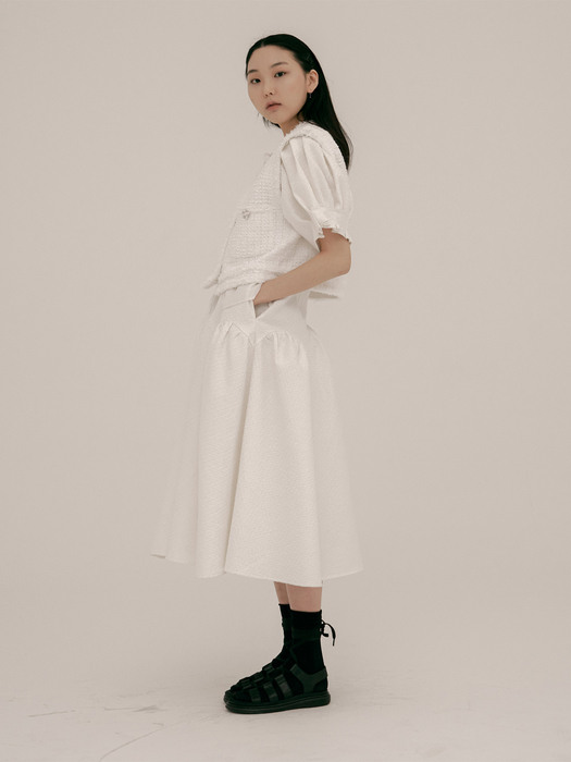 White cotton jacquard V-neck long dress