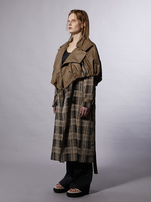 Brown Check Layered Trench Coat