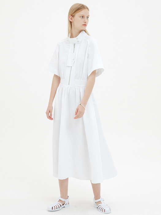 Linen Blend Harrington Dress / White