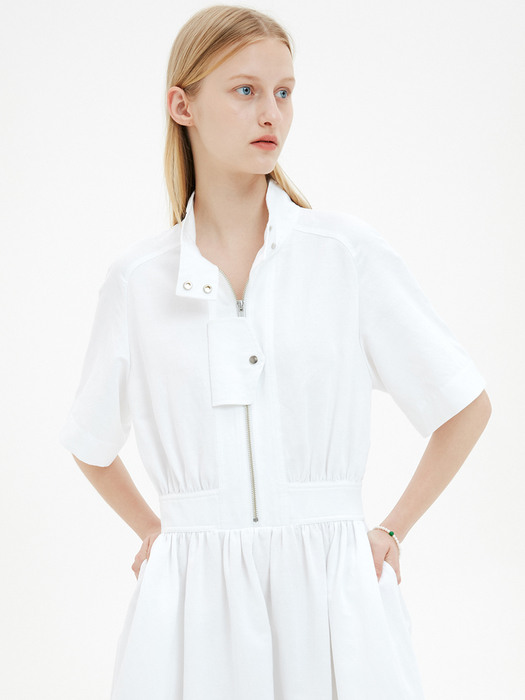 Linen Blend Harrington Dress / White
