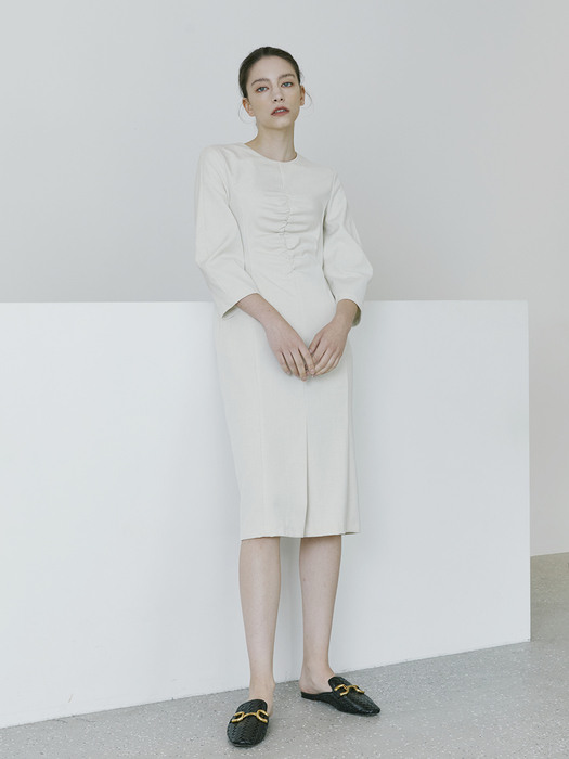 Round Sleeve Shirring Dress - Ivory