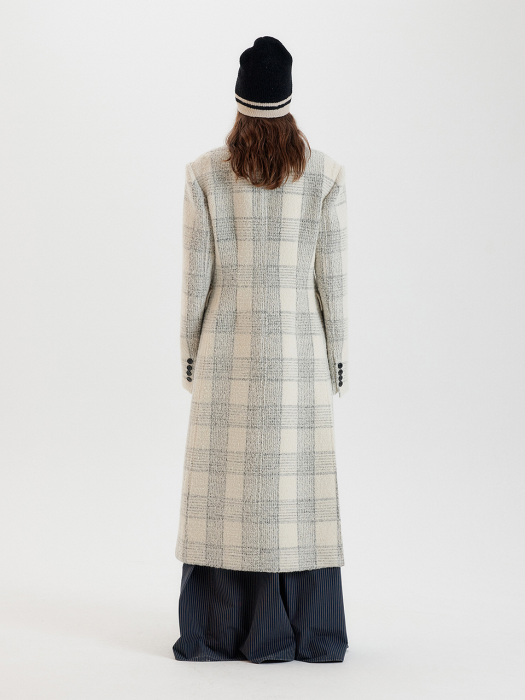 TELLY Double-Breasted Check Coat - Light Grey Check