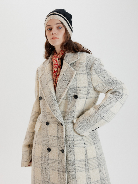 TELLY Double-Breasted Check Coat - Light Grey Check