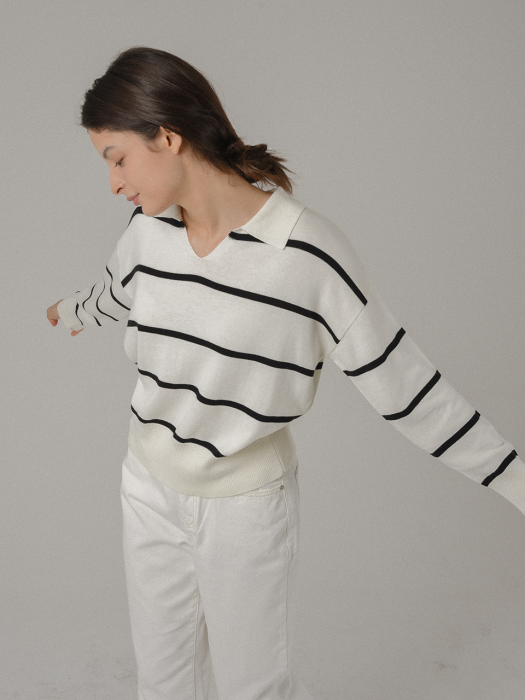 Open collar stripe knit