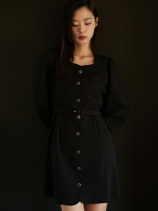 SQUARE NECK BELT MINI ONE-PIECE BASIC BLACK (SPECIAL BUTTON)