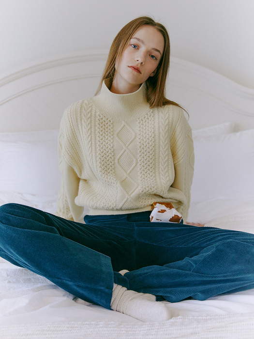 Turtle-Neck Cable Knit Top, Butter