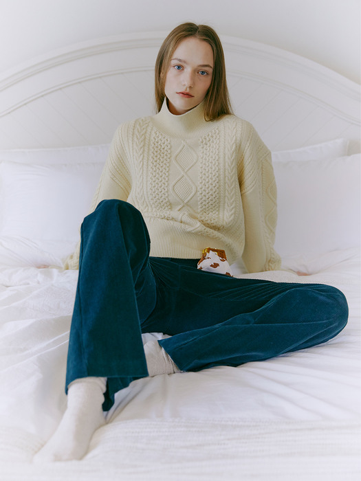 Turtle-Neck Cable Knit Top, Butter