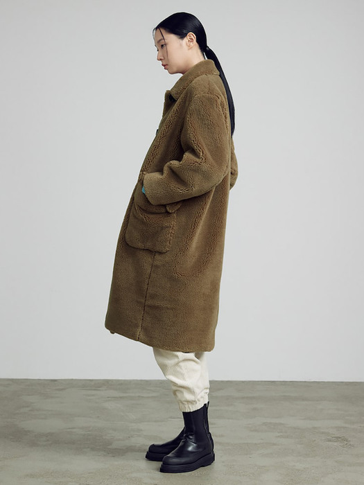 Cocoon Fit Long Teddy Coat  Khaki Brown (KE1Y3VM01H)