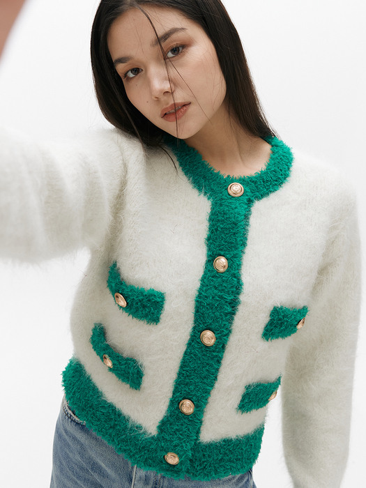 SURI ALPACA COMBI CARDIGAN(WHITE,GREEN)