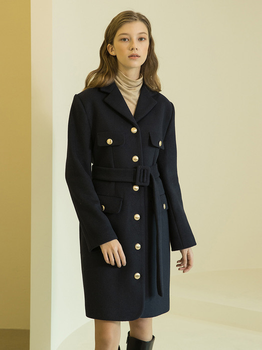 Gold Button Single Belt Coat Navy