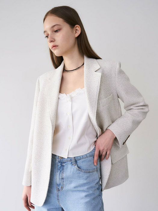 22 Spring_ White Tweed Suit Blazer