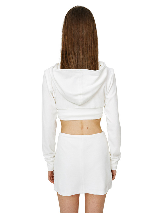 Logo velvet zip-up crop hoodie_White