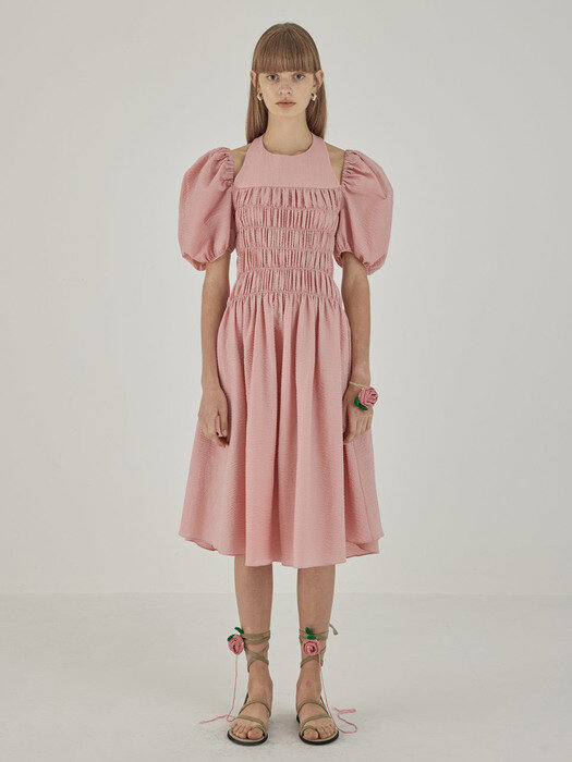 Smocked Halterneck Dress_Pink