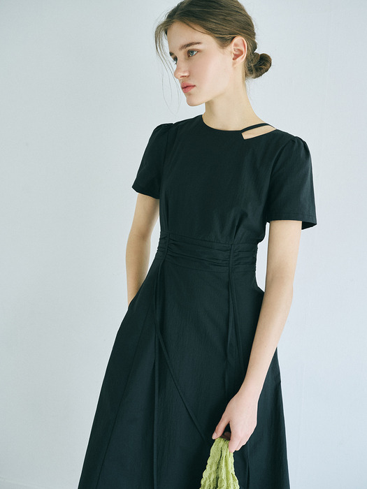 Neck Cut-Out Shirring Dress, Black