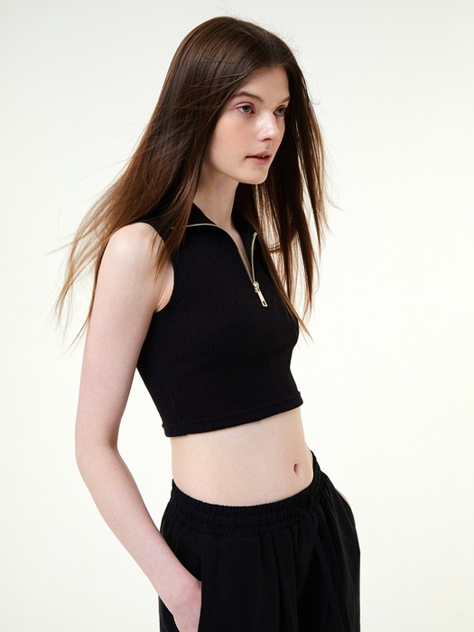 CROP KNIT ZIP UP SLEEVELESS_BLACK