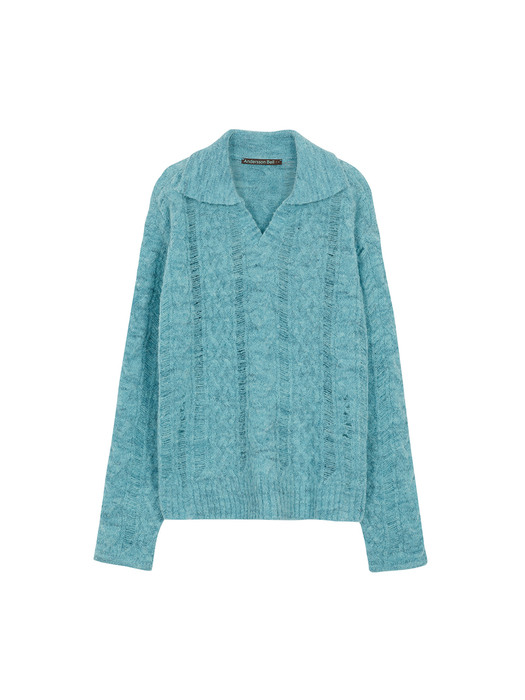 COLINE DAMAGED CABLE COLLAR KNIT atb603m(BLUE)