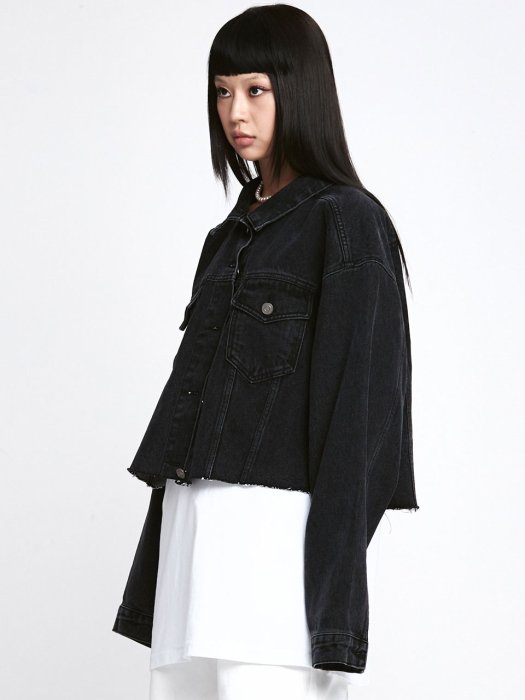 Oversized Cutting Crop denim jacket [Black]