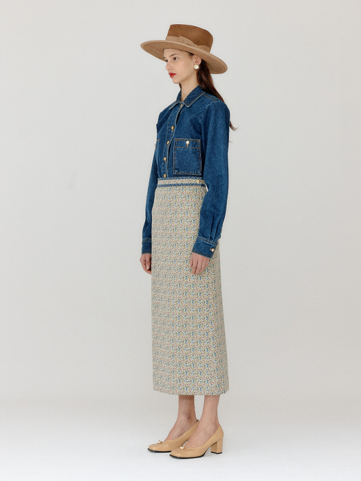VETTINE Floral Pattern Long Skirt - Ivory/Blue Multi
