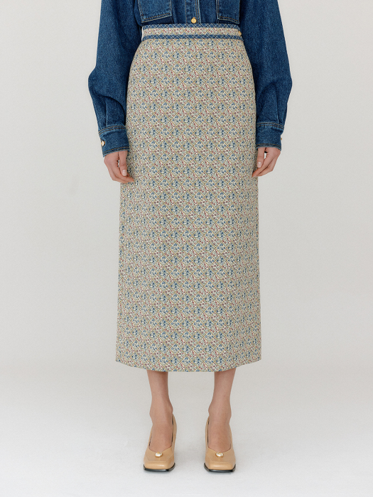 VETTINE Floral Pattern Long Skirt - Ivory/Blue Multi