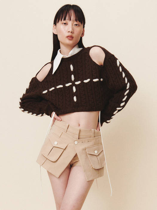 Hand Stitch Crop Knit Pullover Brown