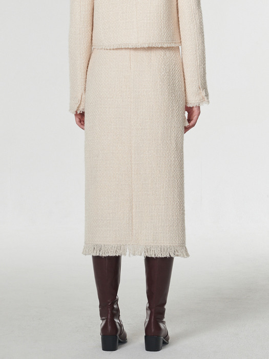 Fringed wool tweed skirt - Cream