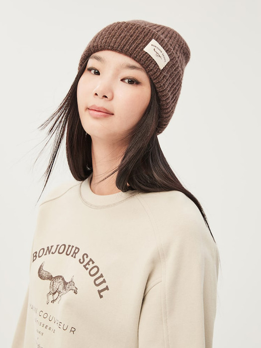 [kuhoplus x Yann couvreur] Fox Label Knit Beanie Brown ( KE298BM02D )