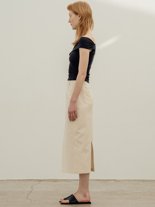 Cotton Linen Slit Skirt_Cream Beige
