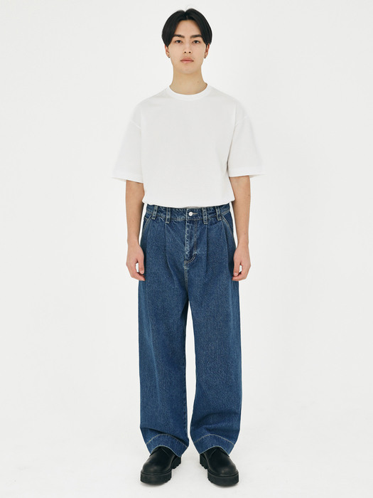 Two-Tuck Wide Denim Pants V8_Deep Blue