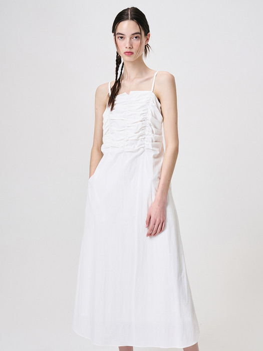 Slip Heart Neck Shirring Dress, White