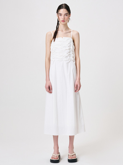 Slip Heart Neck Shirring Dress, White