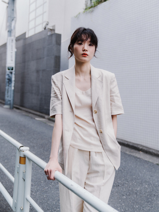 PALE BEIGE LINEN BLEND HALF SLEEVE JACKET