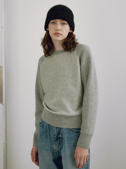 [Women] Wool Cotton Stripe Sweater (Melange Grey)