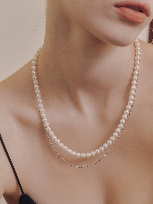 chain layered pearl necklace[White]