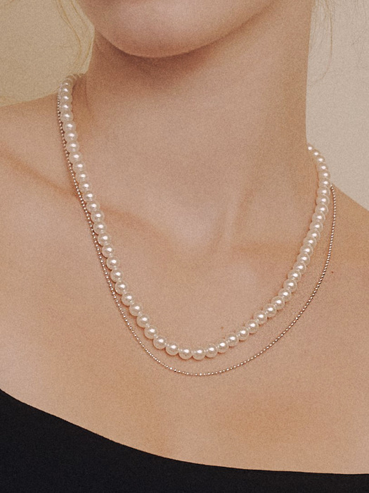 chain layered pearl necklace[White]