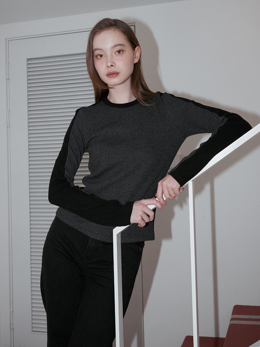 COLOR BLOCK LONG SLEEVE TOP_CHARCOAL