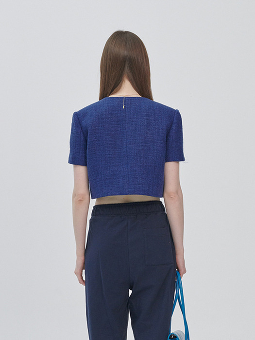 Tweed cropped tailored square neck jacket - Deep blue