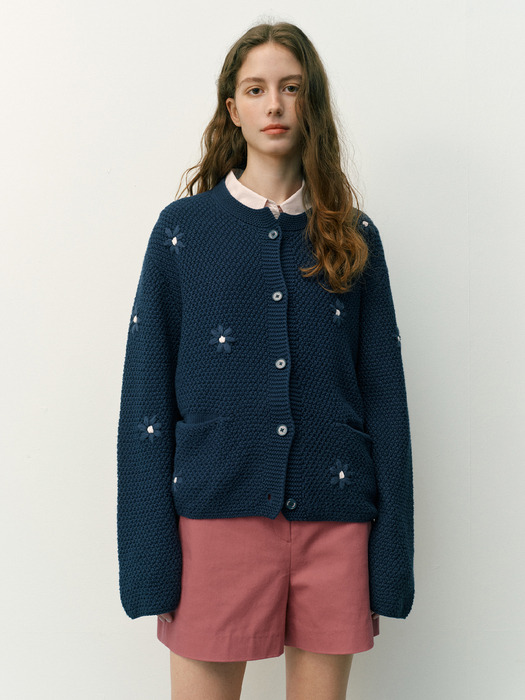 로즈버드 플라워 니트 가디건 (Ivory/Navy)