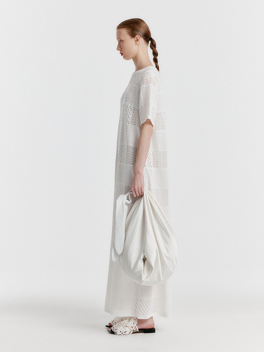 YITZU Panelled Lace Knit Long Dress - White