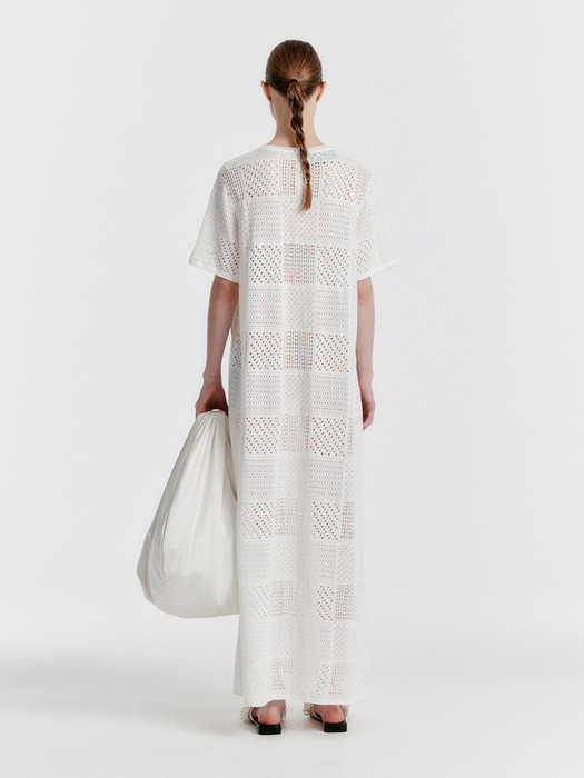 YITZU Panelled Lace Knit Long Dress - White