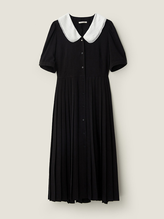 Sheer collar pleats dress - Black