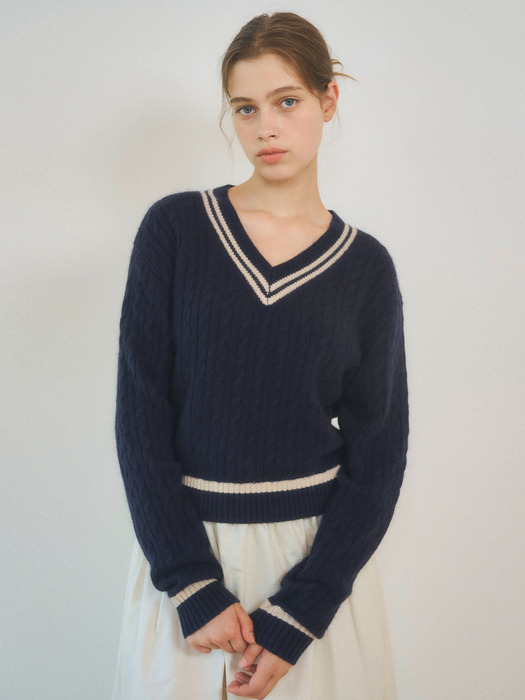 W/Always Cable V-neck Wool Knit 3color