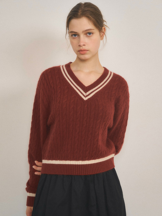 W/Always Cable V-neck Wool Knit 3color