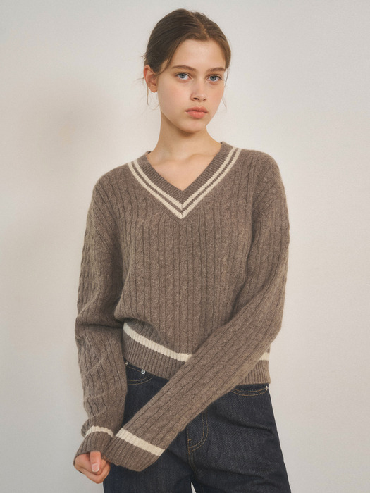 W/Always Cable V-neck Wool Knit 3color