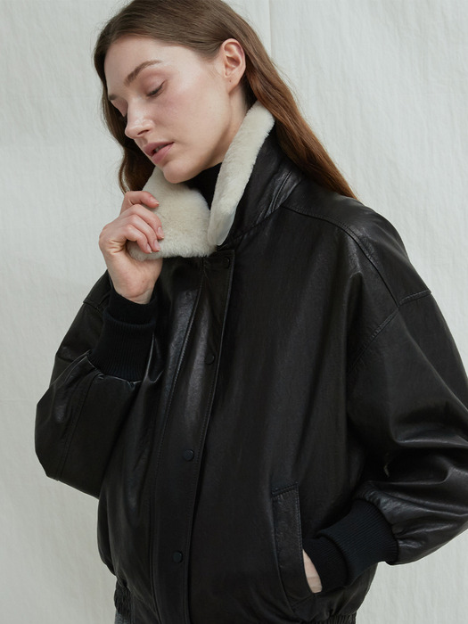 Italian vegetable Lambskin Shearling collar JK_Black