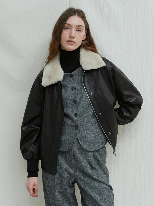 Italian vegetable Lambskin Shearling collar JK_Black