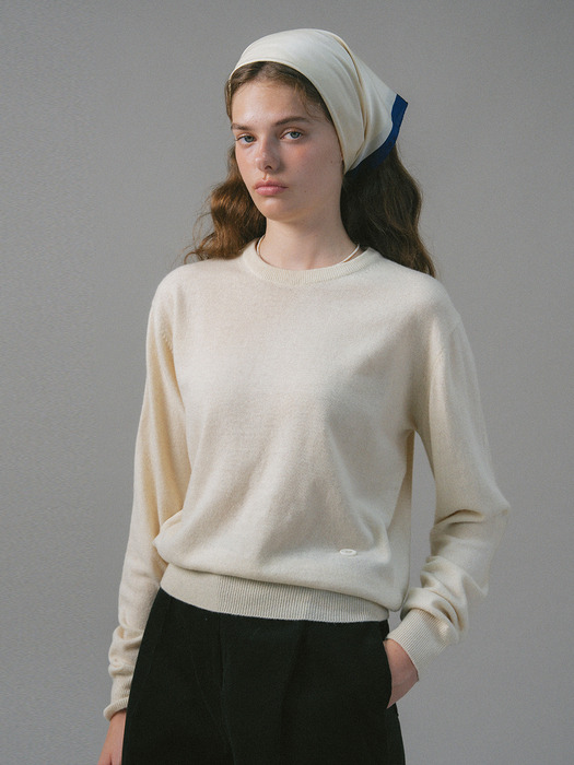 U Wool Stitch Point Crew Neck Pullover_Oat Cream