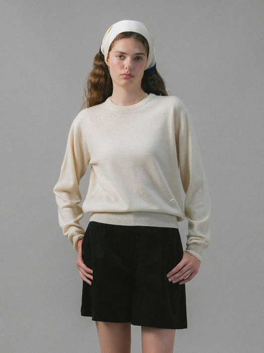 U Wool Stitch Point Crew Neck Pullover_Oat Cream