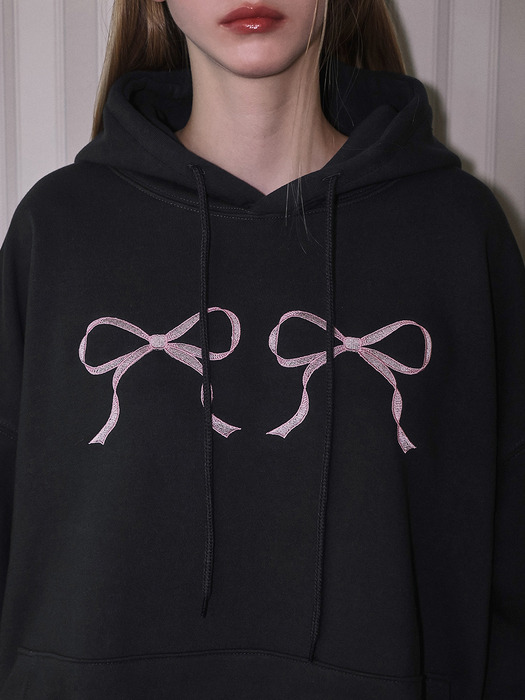 Twin Ribbon Embroidery Hoodie [Charcoal]