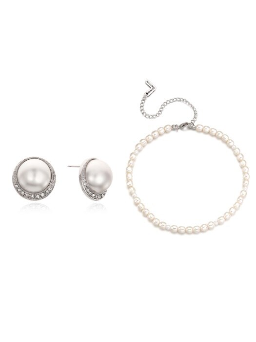 [SET]Round Cubic n Pearl Earring+Pearl Necklace