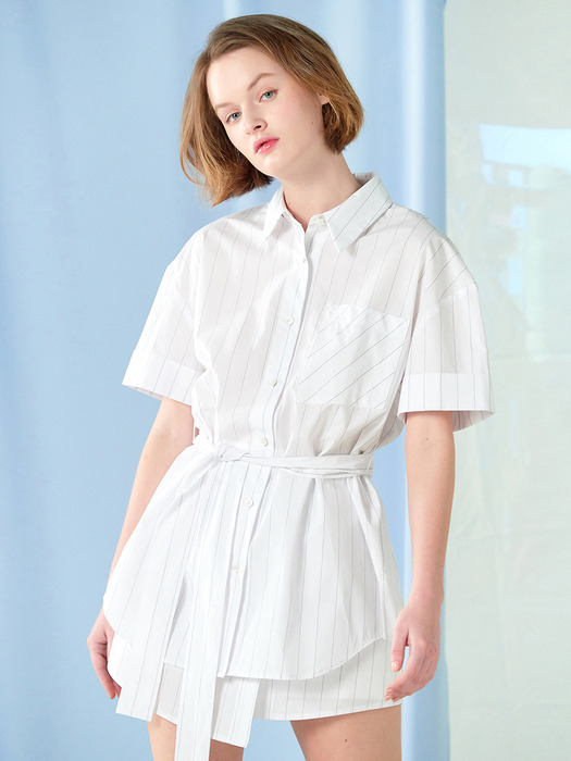 [SET]shoulder button belted shirt White & shirt detail skirt pants White